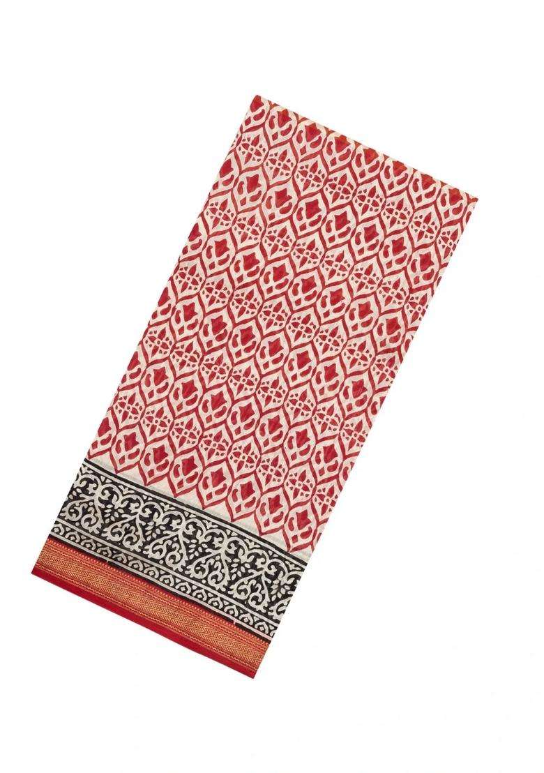 Red Printed Chanderi Cotton Saree With Zari Border For Women - Indya
