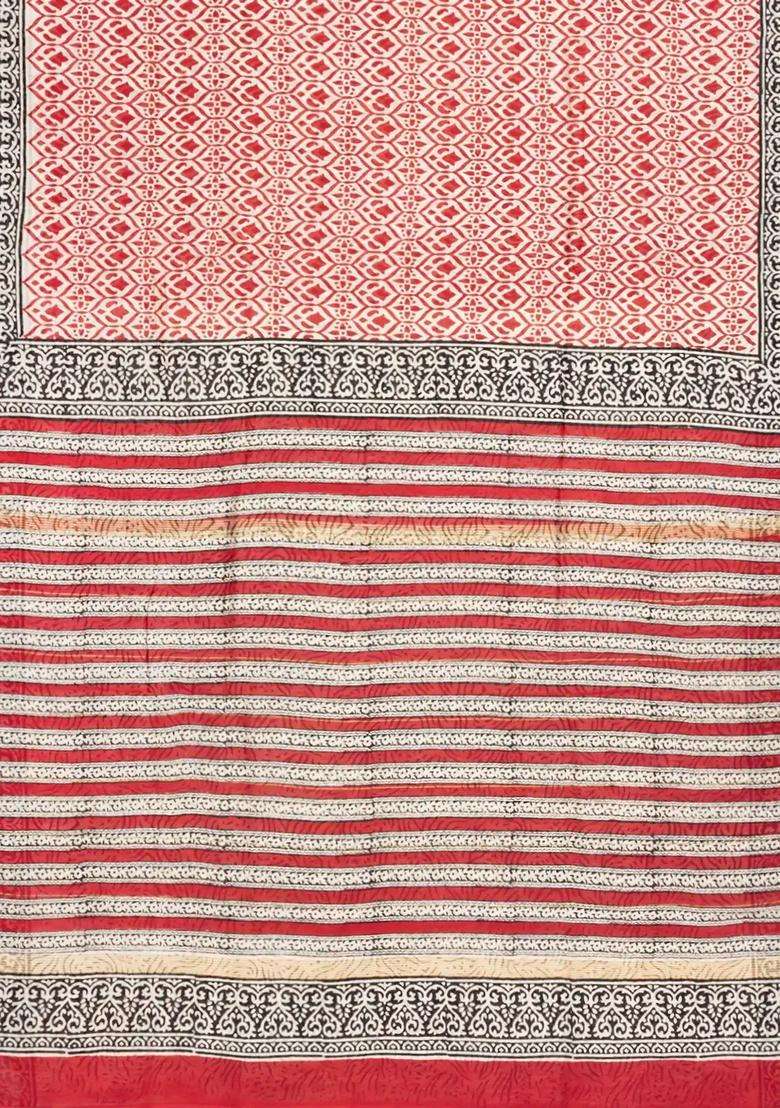 Red Printed Chanderi Cotton Saree With Zari Border For Women - Indya