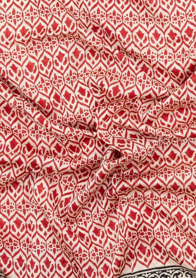 Red Printed Chanderi Cotton Saree With Zari Border For Women - Indya