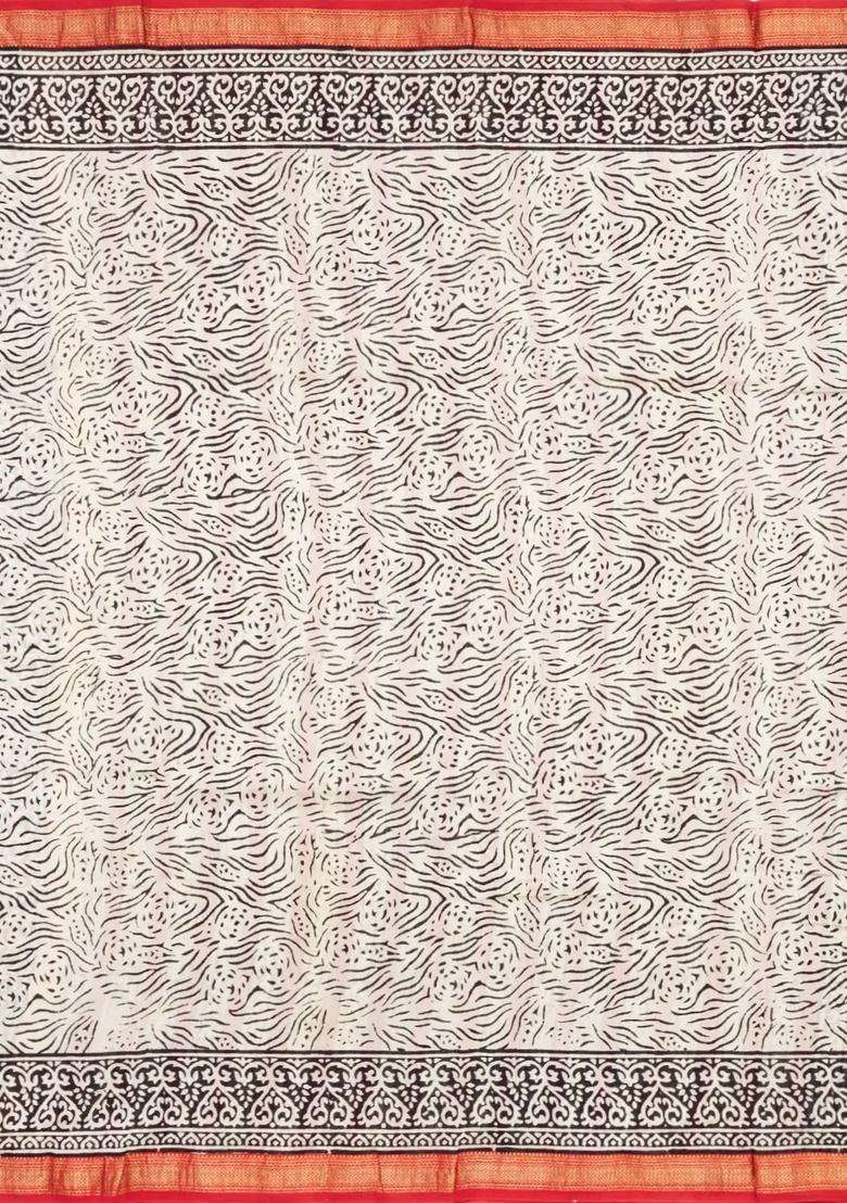 Red Printed Chanderi Cotton Saree With Zari Border For Women - Indya