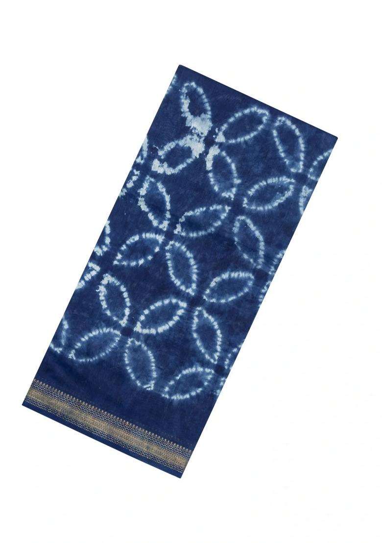 Indigo Printed Chanderi Cotton Saree With Zari Border For Women - Indya