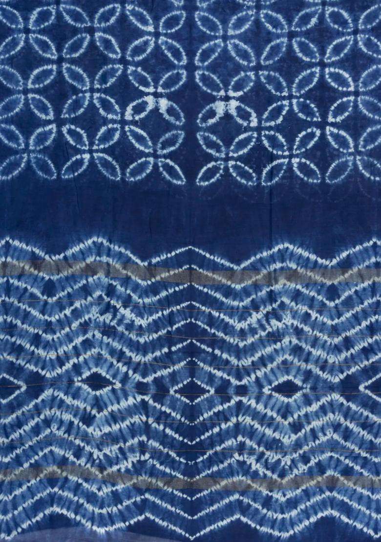 Indigo Printed Chanderi Cotton Saree With Zari Border For Women - Indya