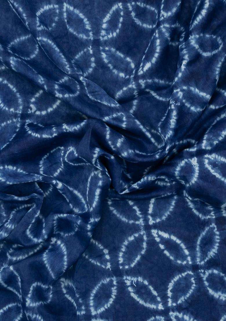 Indigo Printed Chanderi Cotton Saree With Zari Border For Women - Indya