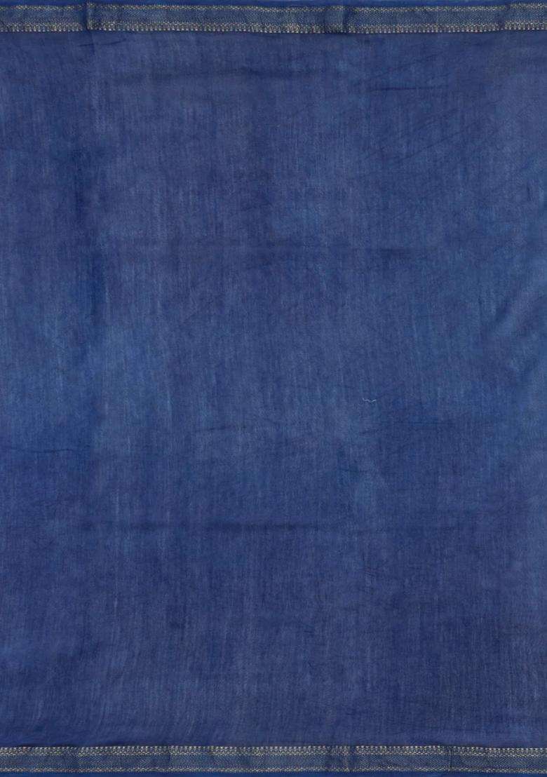 Indigo Printed Chanderi Cotton Saree With Zari Border For Women - Indya