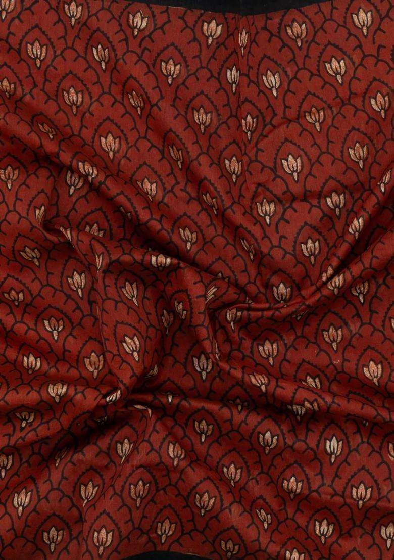 Maroon Printed Chanderi Cotton Saree With Zari Border For Women - Indya