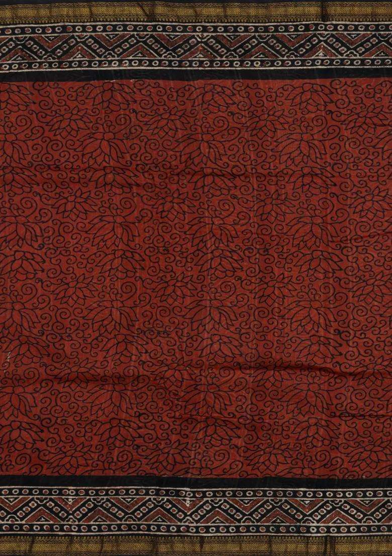 Maroon Printed Chanderi Cotton Saree With Zari Border For Women - Indya