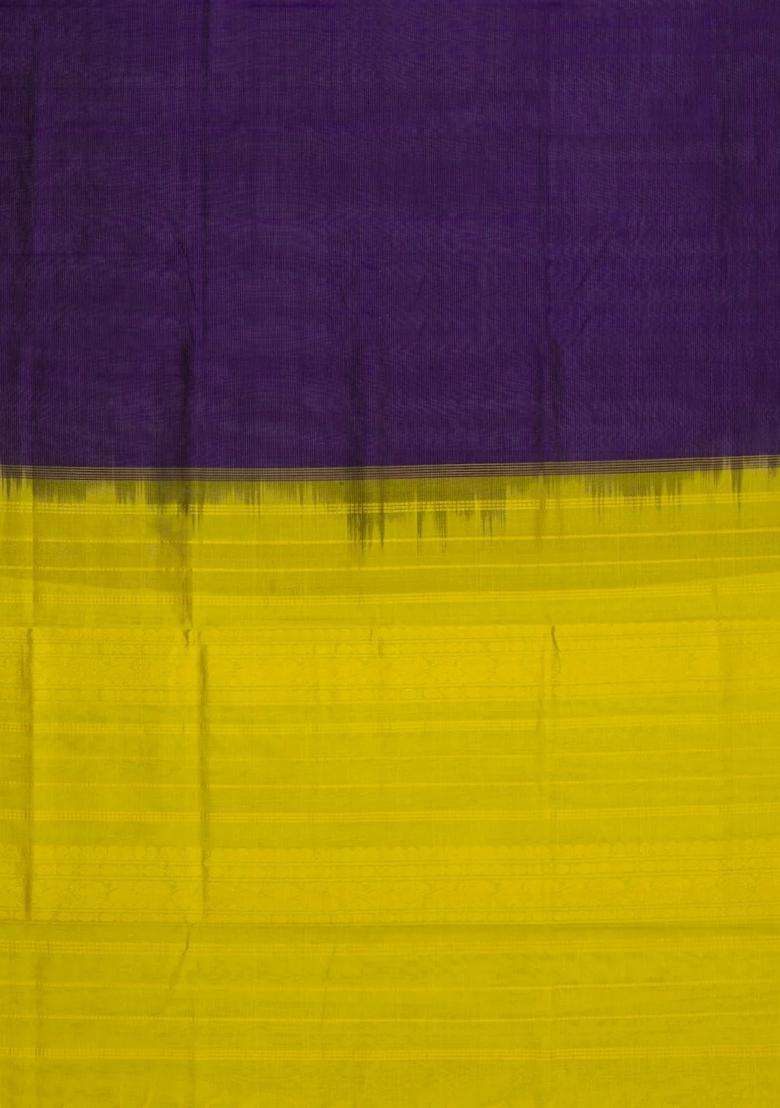 Purple Handloom Silk Cotton Saree With Zari Stripes Contrast Border With Checks And Stripes Design For Women - Indya