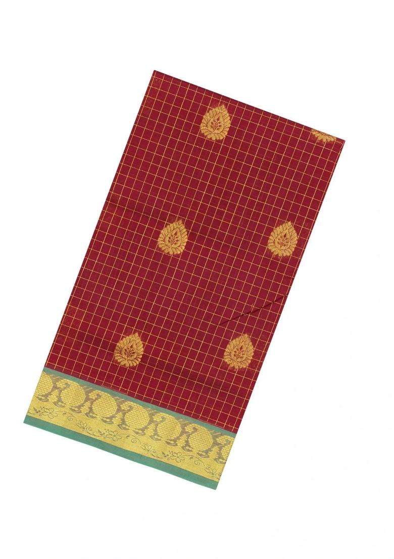 Crimson Handloom Silk Cotton Saree With Checks Buttas With Buttas And Brocade Design For Women - Indya