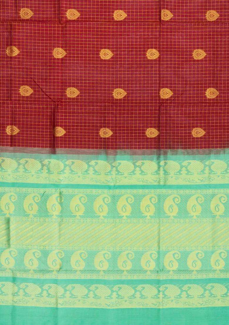 Crimson Handloom Silk Cotton Saree With Checks Buttas With Buttas And Brocade Design For Women - Indya