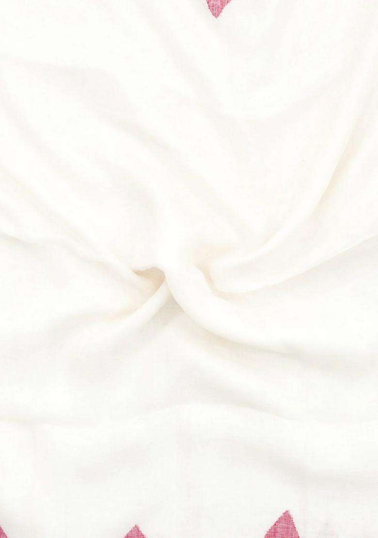 White Handloom Linen Saree With Flower Motifs With Traditional Woven Design For Women - Indya