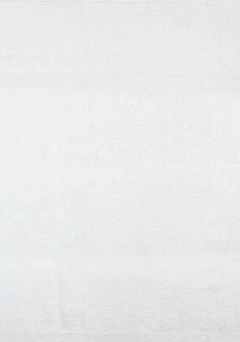 White Handloom Linen Saree With Flower Motifs With Traditional Woven Design For Women - Indya