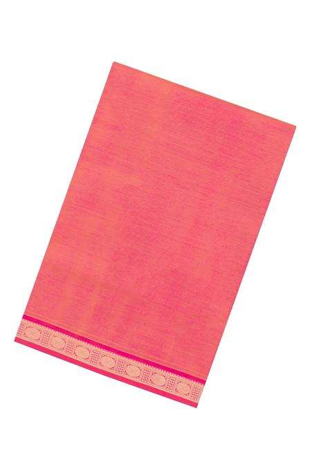 Peach Handloom 9 Yards Silk Cotton Saree With Contrast Border With Traditional Woven Design For Women