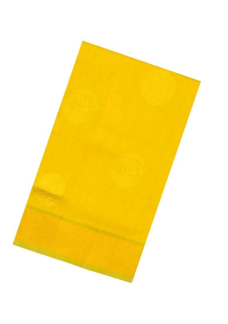 Lime Yellow Lemon Yellow Handloom Silk Cotton Saree With Buttas Contrast Border With Buttas And Brocade Design For Women - Indya