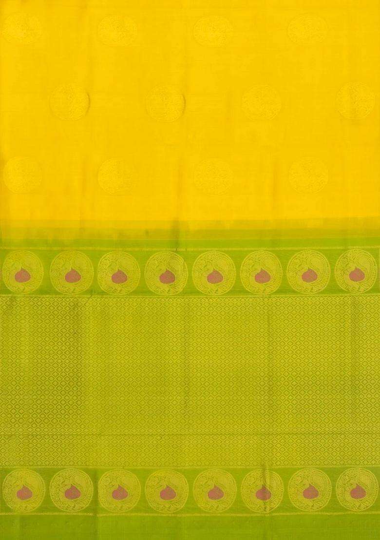 Lime Yellow Lemon Yellow Handloom Silk Cotton Saree With Buttas Contrast Border With Buttas And Brocade Design For Women - Indya