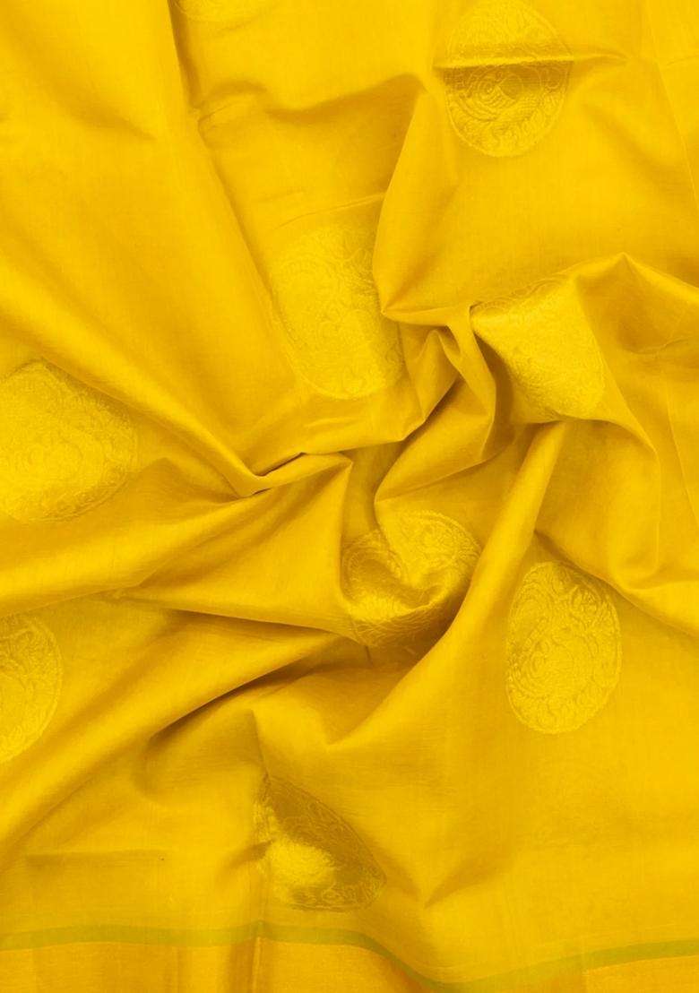 Lime Yellow Lemon Yellow Handloom Silk Cotton Saree With Buttas Contrast Border With Buttas And Brocade Design For Women - Indya