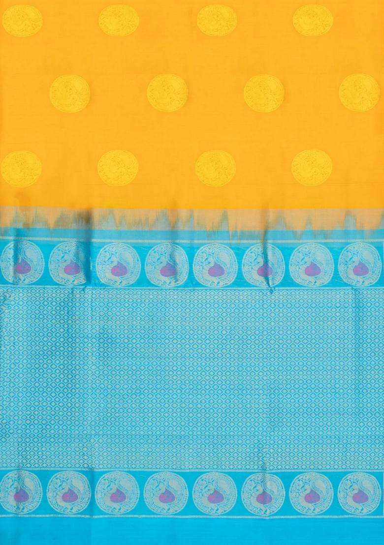 Mustard Handloom Silk Cotton Saree With Buttas Contrast Border With Buttas And Brocade Design For Women - Indya