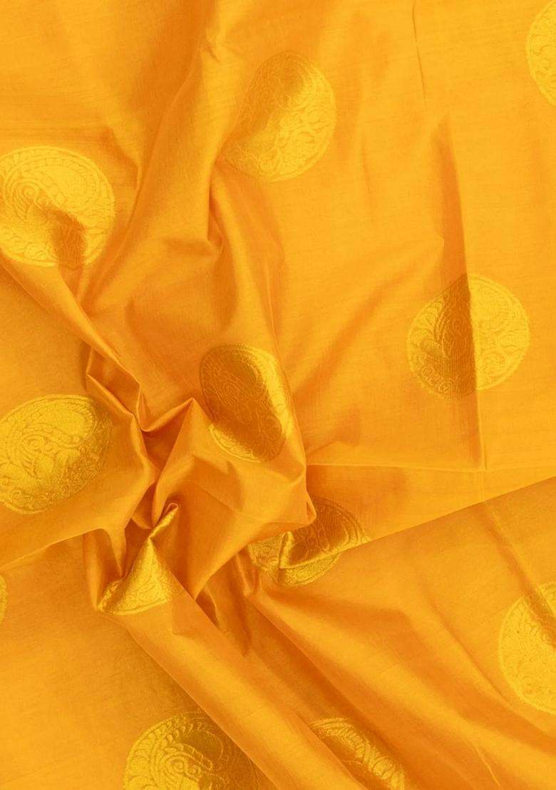 Mustard Handloom Silk Cotton Saree With Buttas Contrast Border With Buttas And Brocade Design For Women - Indya