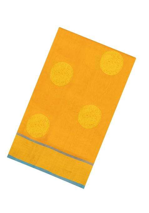 Mustard Handloom Silk Cotton Saree With Buttas Contrast Border With Buttas And Brocade Design For Women