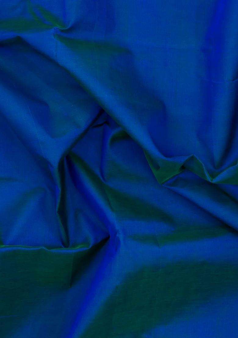 Blue Handloom 9 Yards Silk Cotton Saree With Contrast Border With Traditional Woven Design For Women - Indya