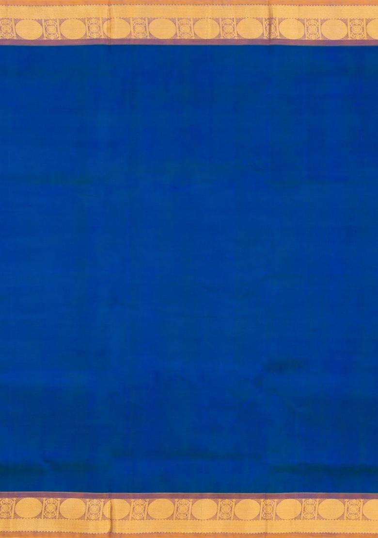 Blue Handloom 9 Yards Silk Cotton Saree With Contrast Border With Traditional Woven Design For Women - Indya