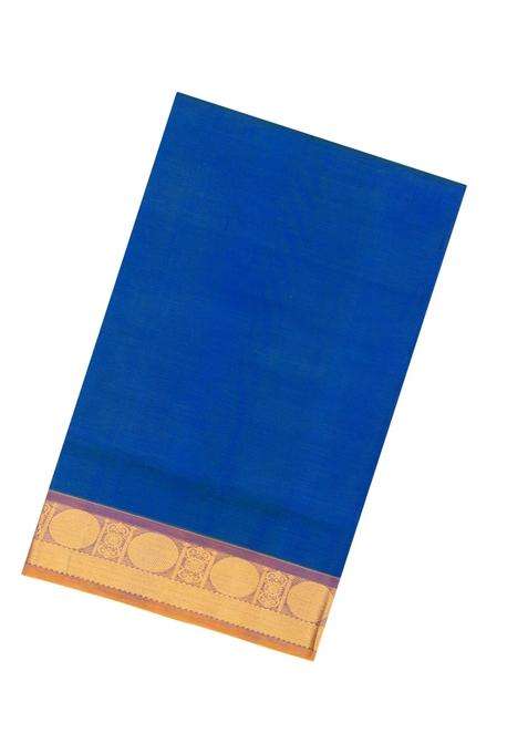 Blue Handloom 9 Yards Silk Cotton Saree With Contrast Border With Traditional Woven Design For Women