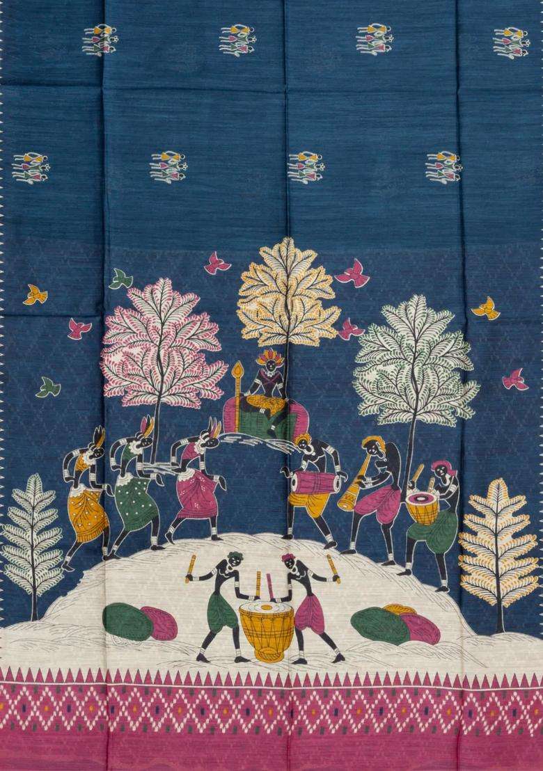 Navy Blue Printed Tussar Silk Saree With Tribal Motifs For Women - Indya