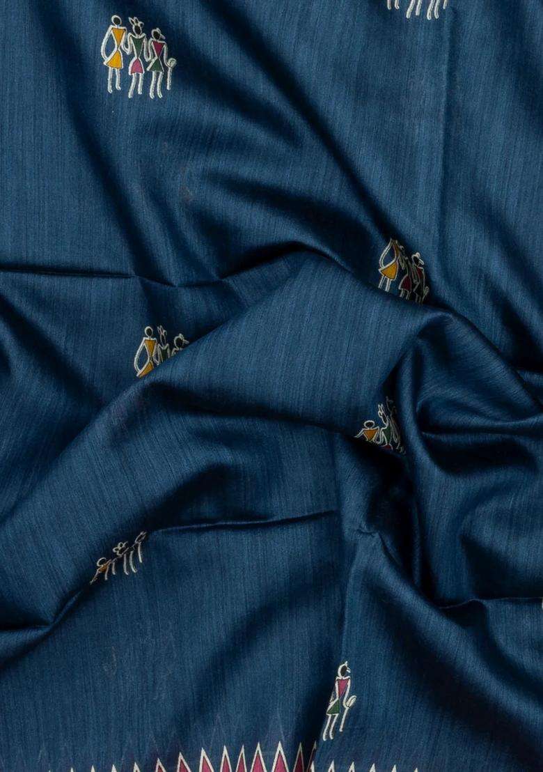 Navy Blue Printed Tussar Silk Saree With Tribal Motifs For Women - Indya