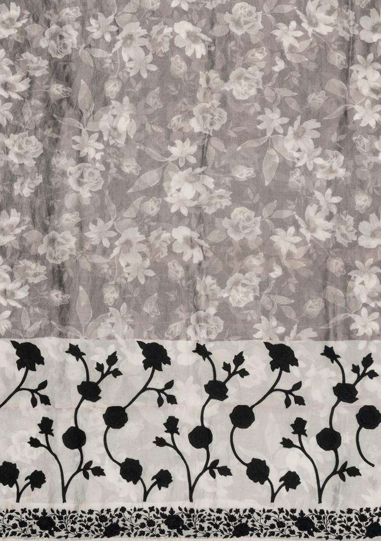 Grey Printed Blended Organza Saree With Embroidered Border For Women - Indya