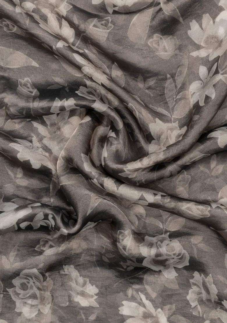 Grey Printed Blended Organza Saree With Embroidered Border For Women - Indya
