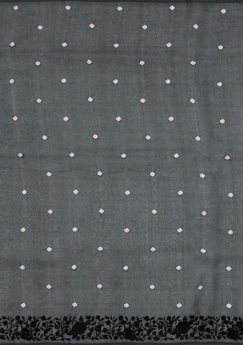 Grey Printed Blended Organza Saree With Embroidered Border For Women - Indya