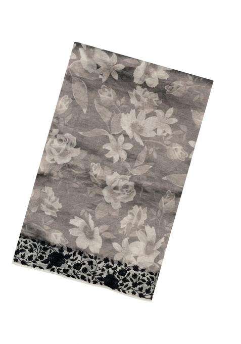 Grey Printed Blended Organza Saree With Embroidered Border For Women