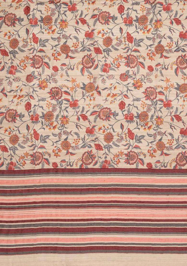 Taupe Handloom Tussar Silk Saree With Red Printed Motifs For Women - Indya