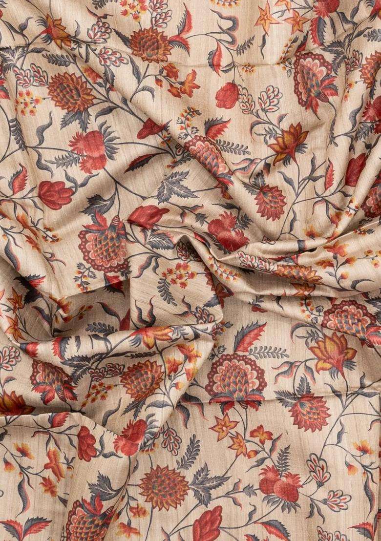 Taupe Handloom Tussar Silk Saree With Red Printed Motifs For Women - Indya