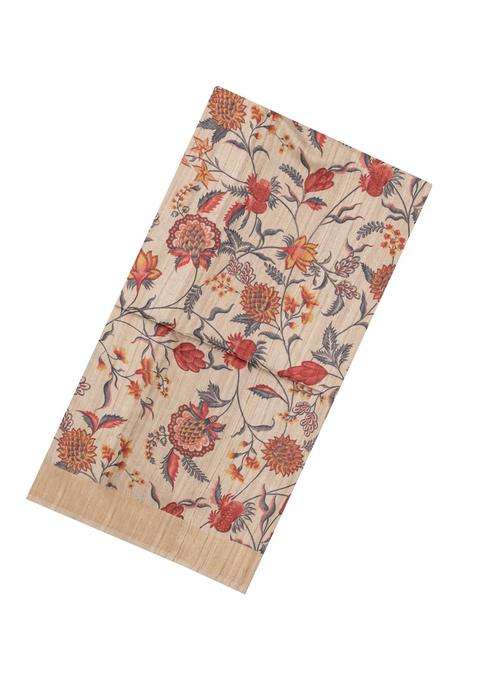 Taupe Handloom Tussar Silk Saree With Red Printed Motifs For Women