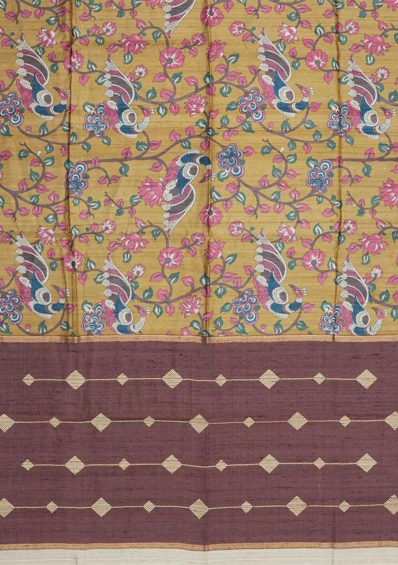 Mustard Handloom Tussar Silk Saree With Printed Motifs For Women - Indya