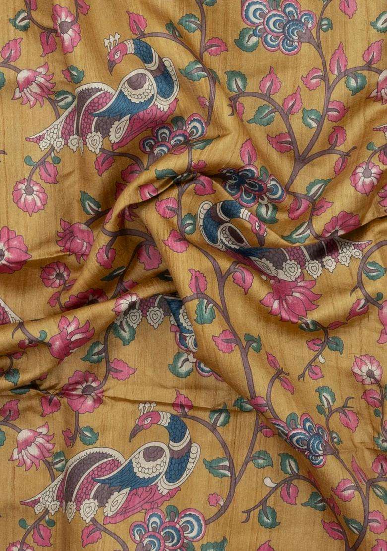 Mustard Handloom Tussar Silk Saree With Printed Motifs For Women - Indya