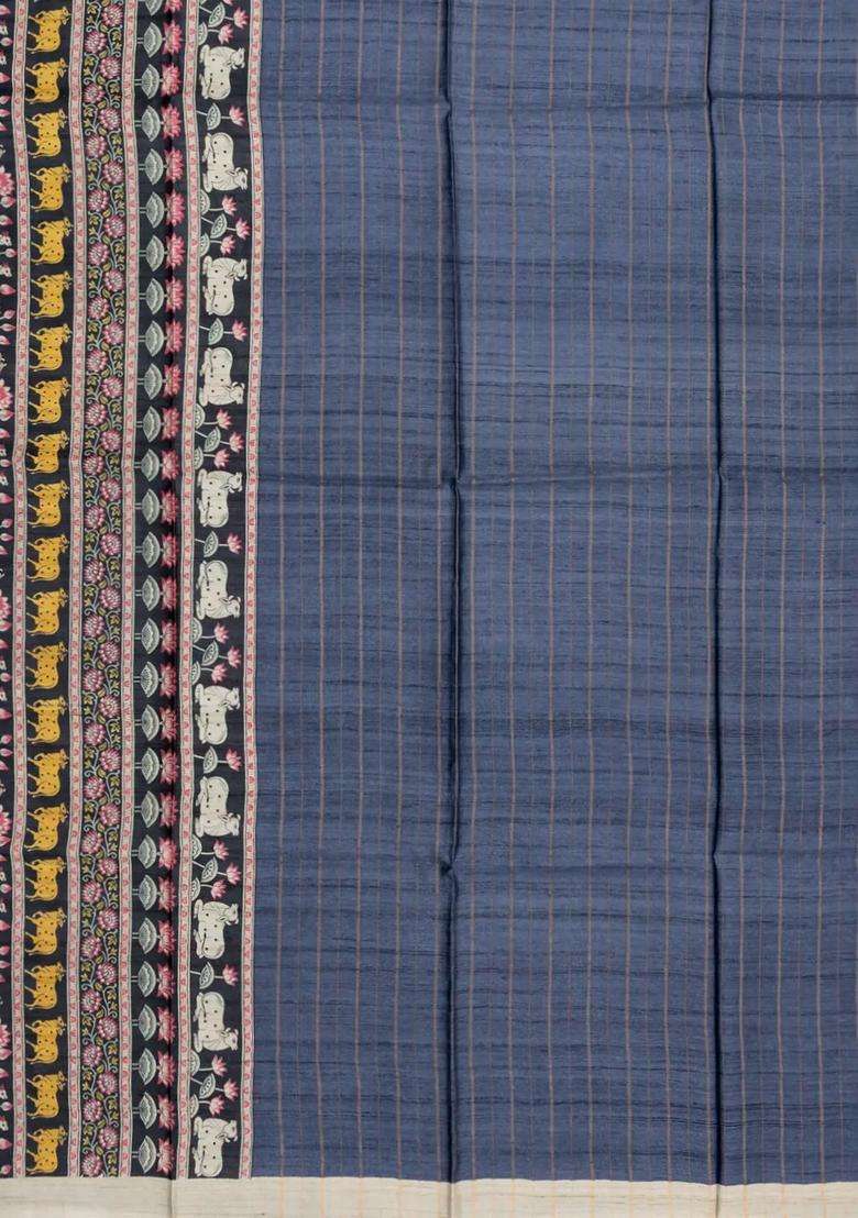 Dark Grey Handloom Tussar Silk Saree With Stripes Printed Motifs For Women - Indya