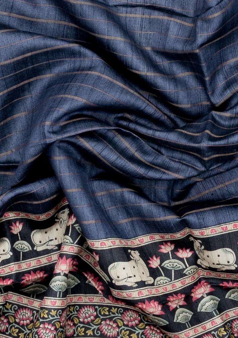 Dark Grey Handloom Tussar Silk Saree With Stripes Printed Motifs For Women - Indya