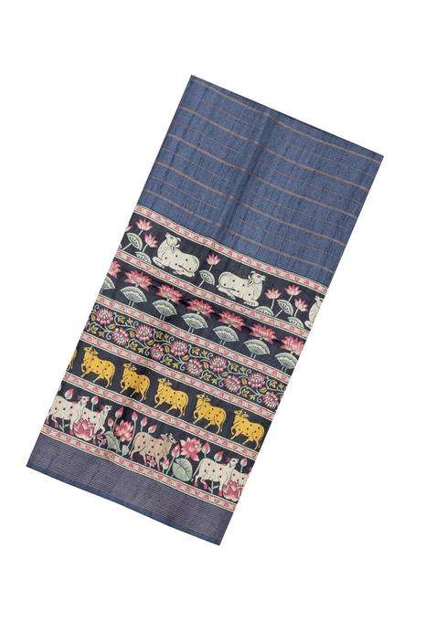 Dark Grey Handloom Tussar Silk Saree With Stripes Printed Motifs For Women