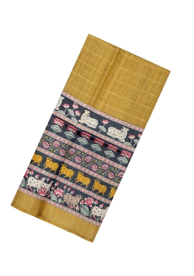 Mustard Handloom Tussar Silk Saree With Stripes Printed Motifs For Women - Indya
