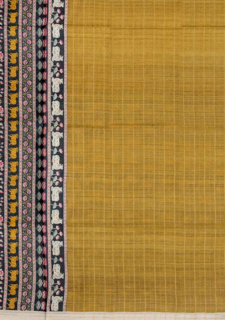 Mustard Handloom Tussar Silk Saree With Stripes Printed Motifs For Women - Indya