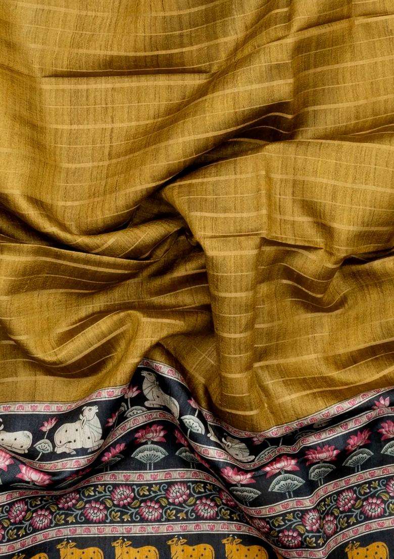 Mustard Handloom Tussar Silk Saree With Stripes Printed Motifs For Women - Indya