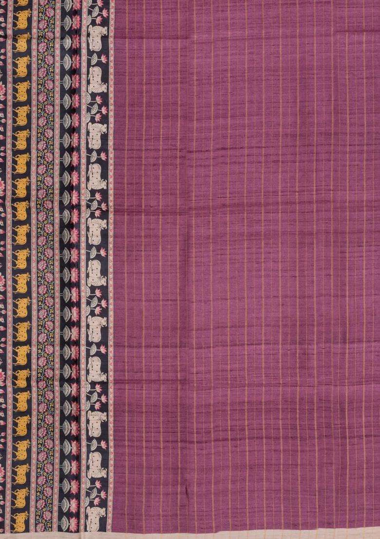 Chestnut Pink Handloom Tussar Silk Saree With Stripes Printed Motifs For Women - Indya
