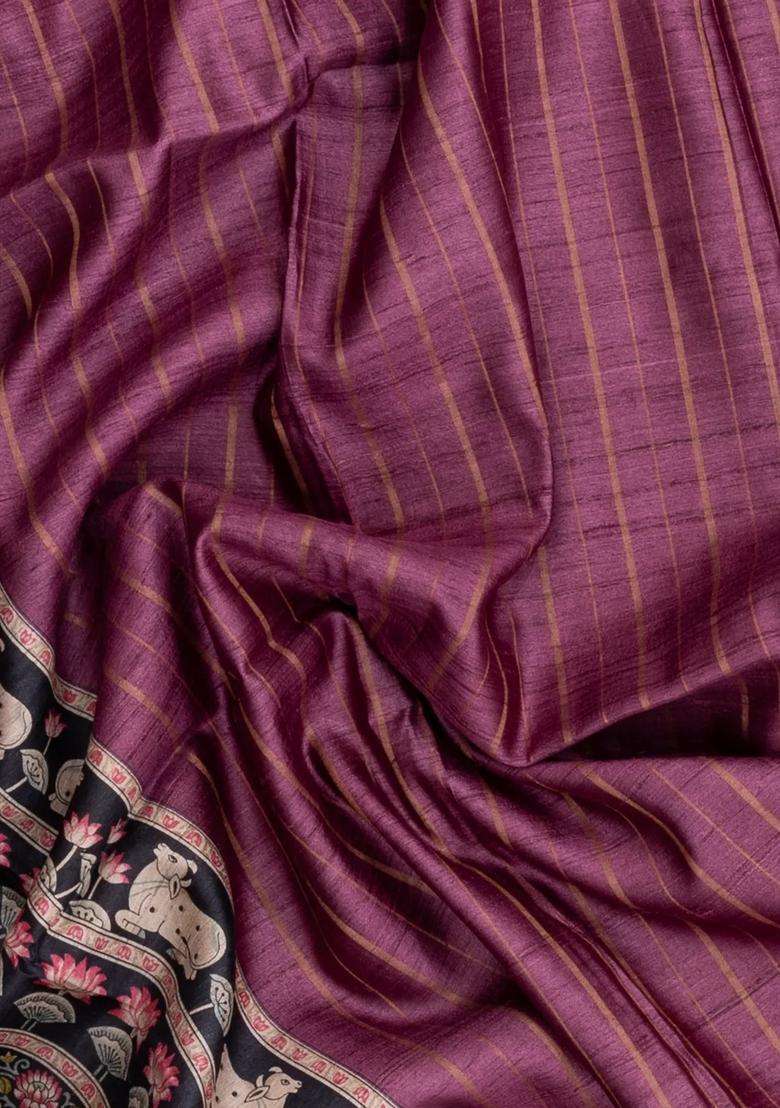 Chestnut Pink Handloom Tussar Silk Saree With Stripes Printed Motifs For Women - Indya
