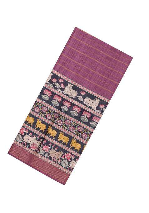 Chestnut Pink Handloom Tussar Silk Saree With Stripes Printed Motifs For Women
