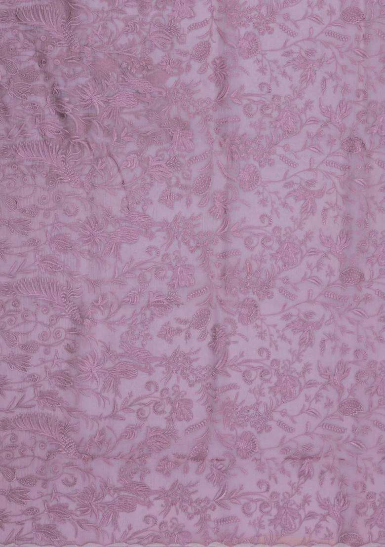 Dusty Pink Embroidered Organza Saree With Bird Motifs For Women - Indya