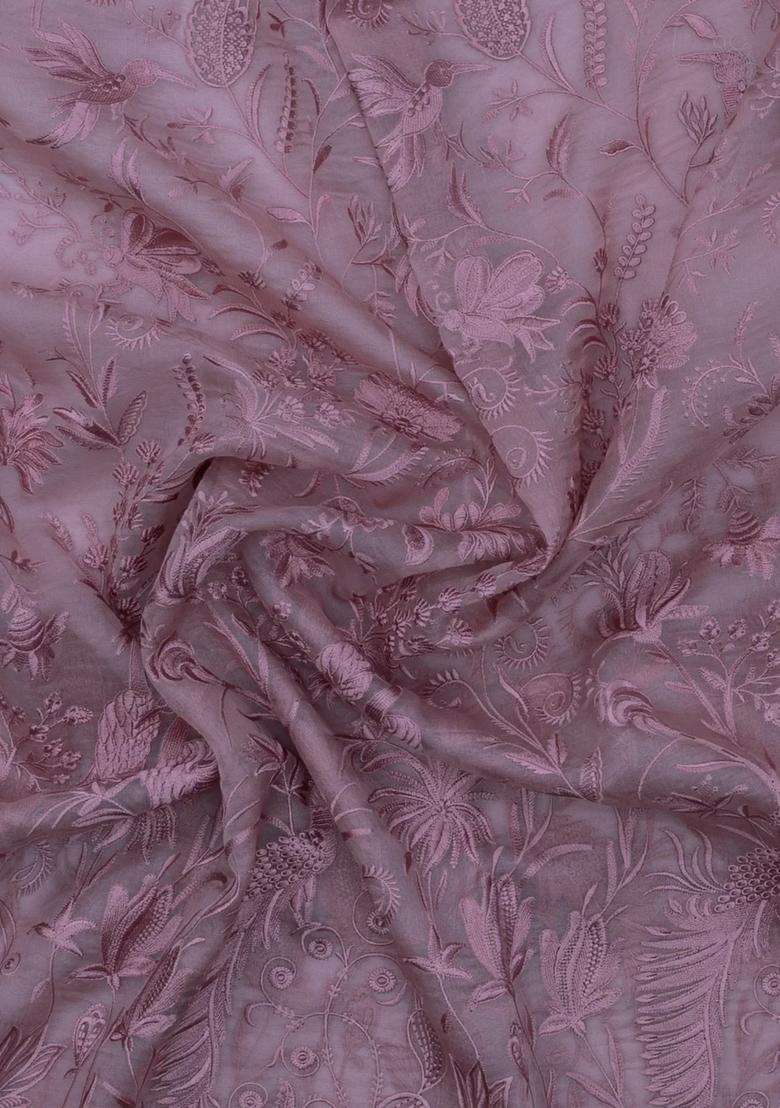 Dusty Pink Embroidered Organza Saree With Bird Motifs For Women - Indya