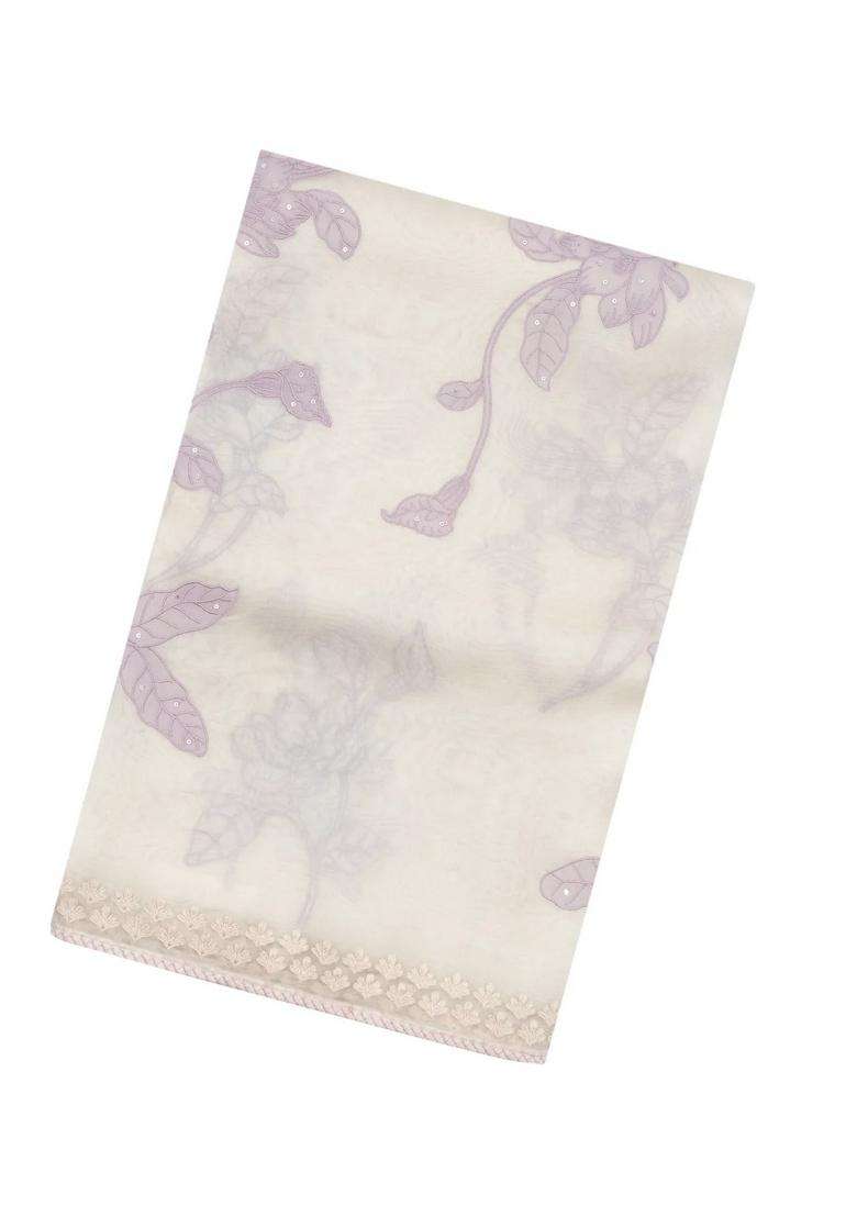 Off White Embroidered Organza Saree With Floral Motifs For Women - Indya