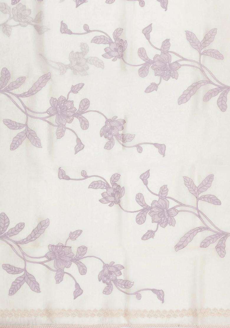 Off White Embroidered Organza Saree With Floral Motifs For Women - Indya