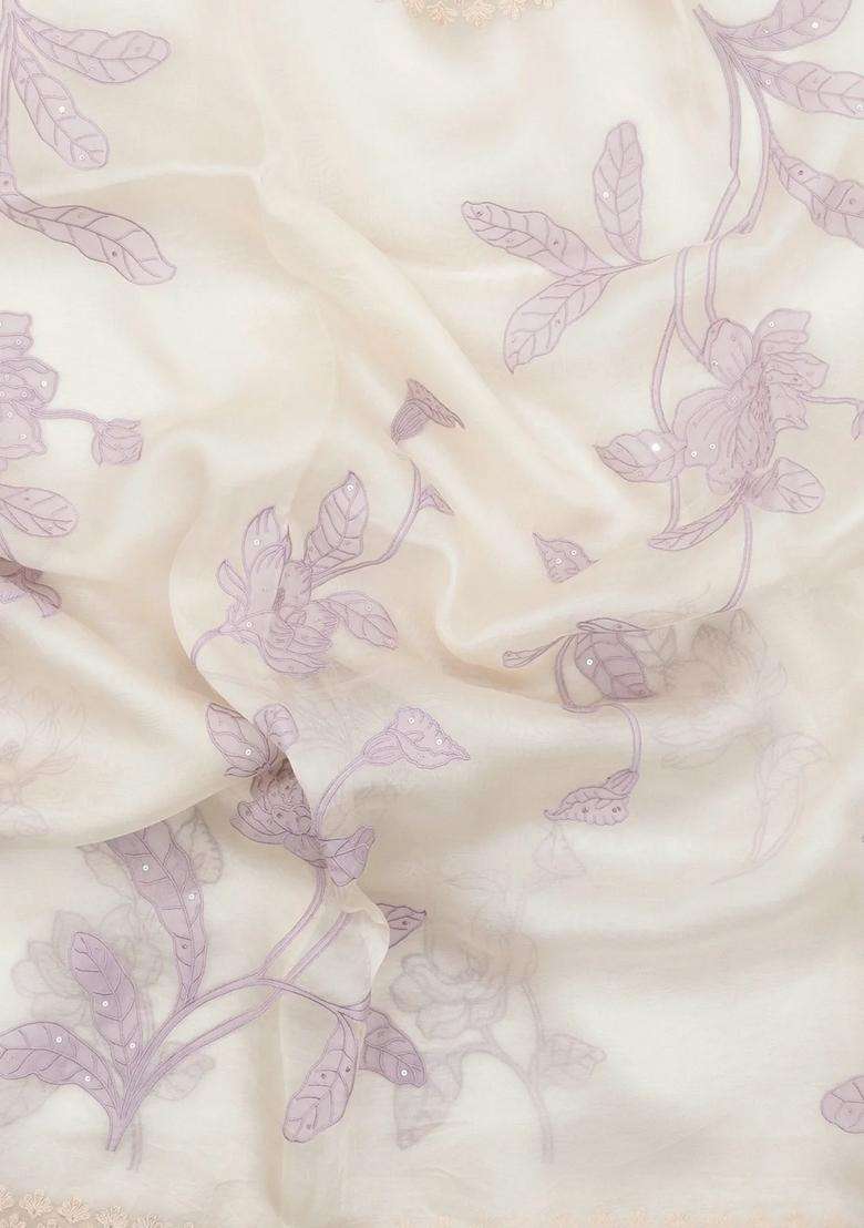 Off White Embroidered Organza Saree With Floral Motifs For Women - Indya